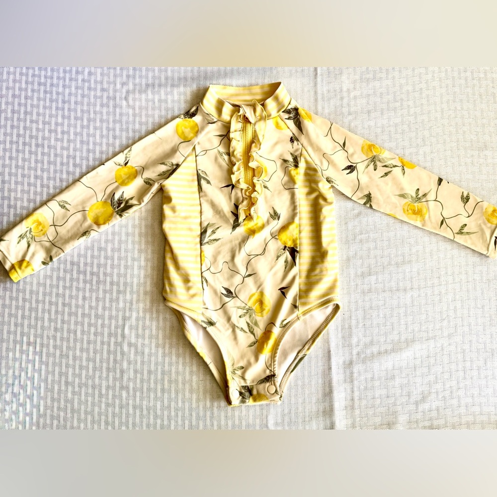 Jessica Simpson Toddler Girl Lemon Print Ruffle Rash Guard‎ Swimsuit Yellow 24M